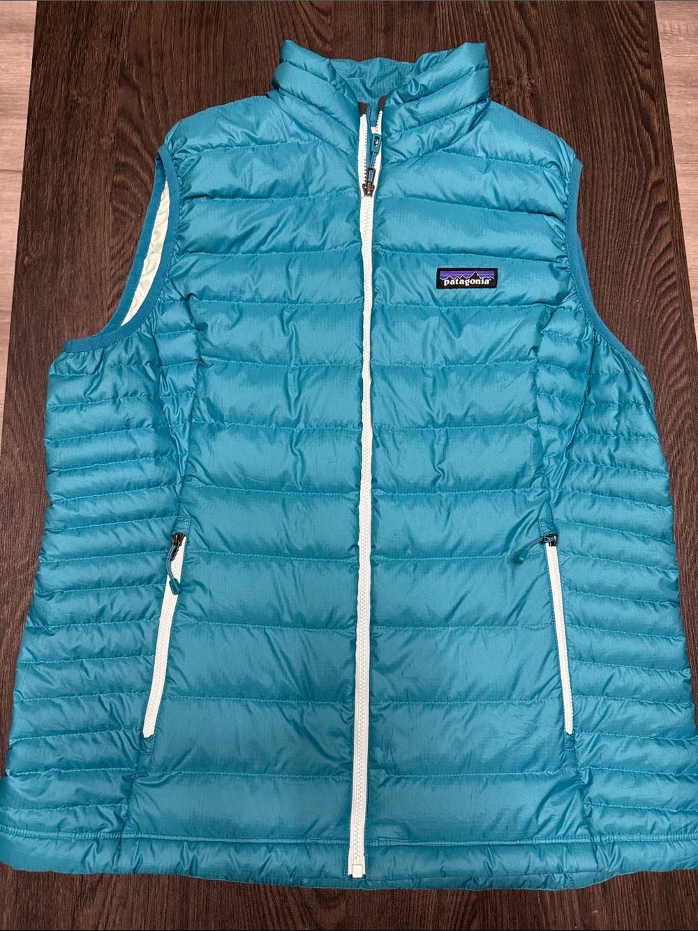 Patagonia Teal Blue Quilted Down Vest with White Trim